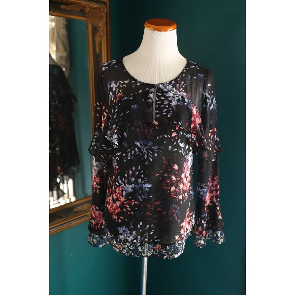 White House Black Market Floral Fireworks Ruffle Sheer Long Sleeve Blouse Top 6